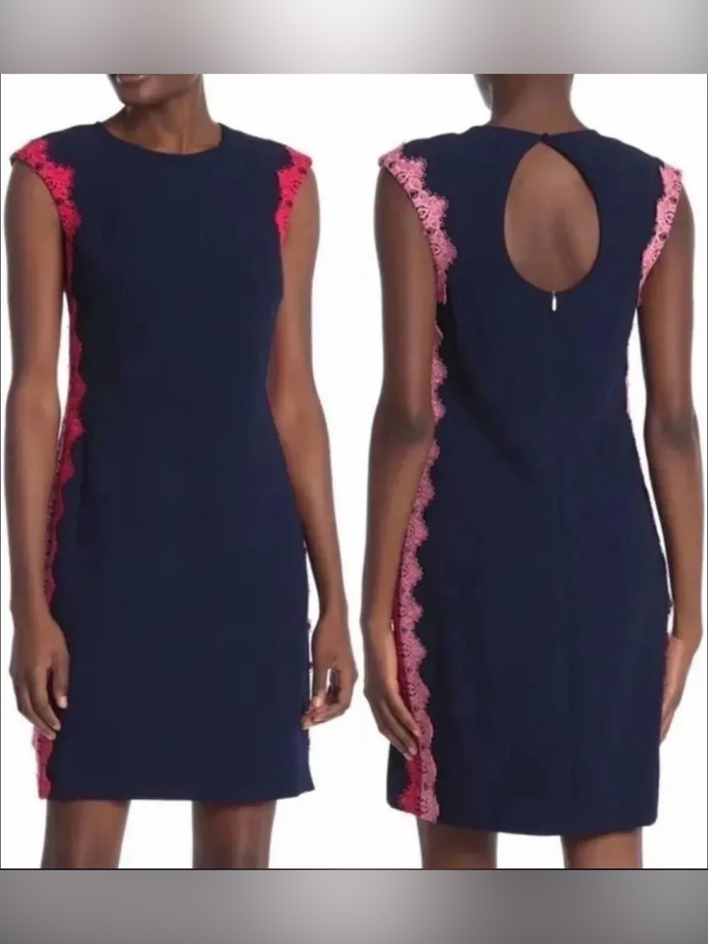 Trina Turk Navy Sheath Dress Pink Lace Side Panels Size 4 NWOT
